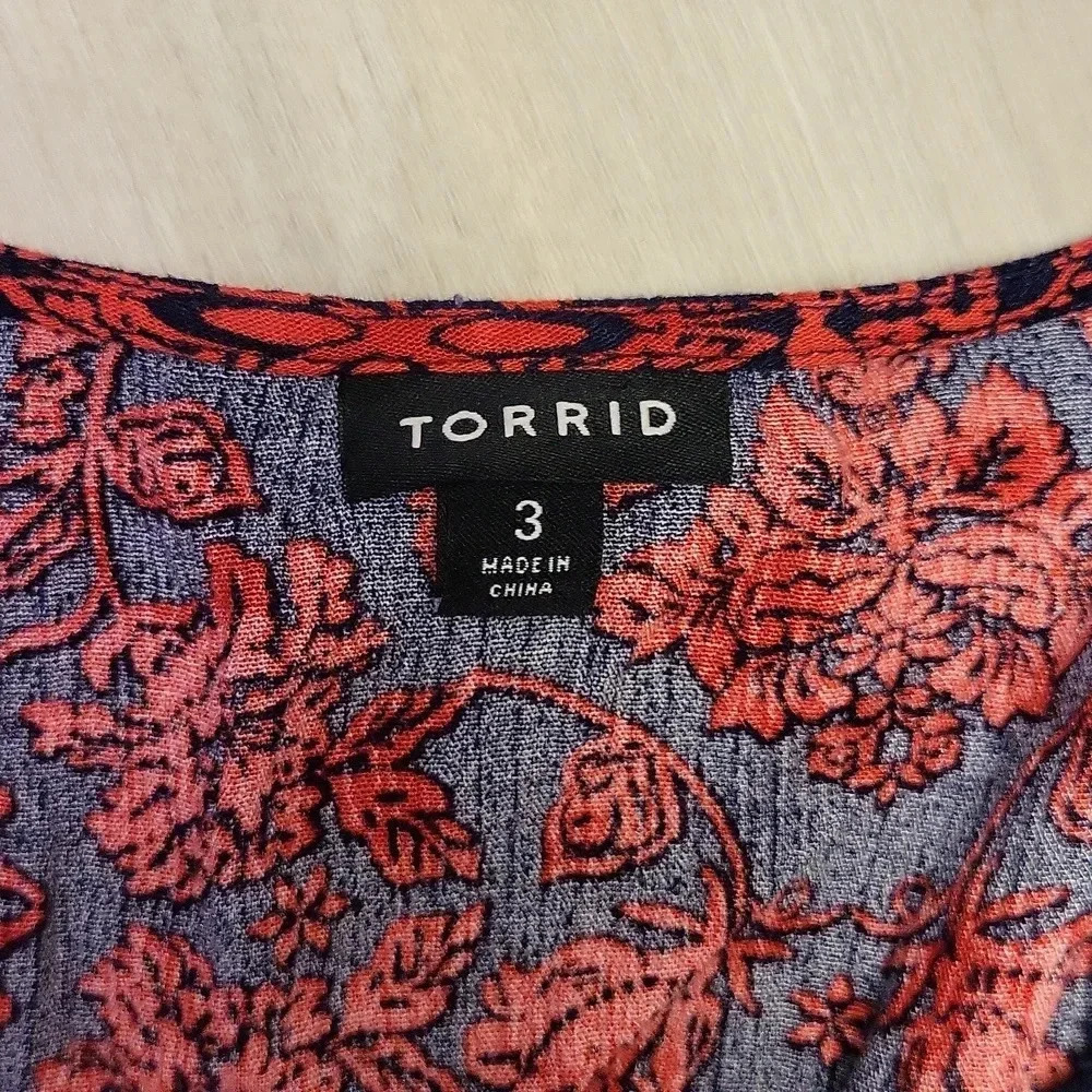 Torrid Crinkle Gauze Red Blue Floral Lace Up Baby Doll‎ Blouse Womens 3X - Picture 2 of 10